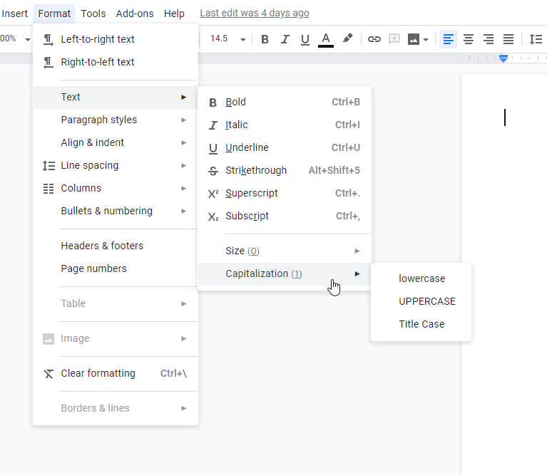 How to change all caps to lowercase in Google Docs