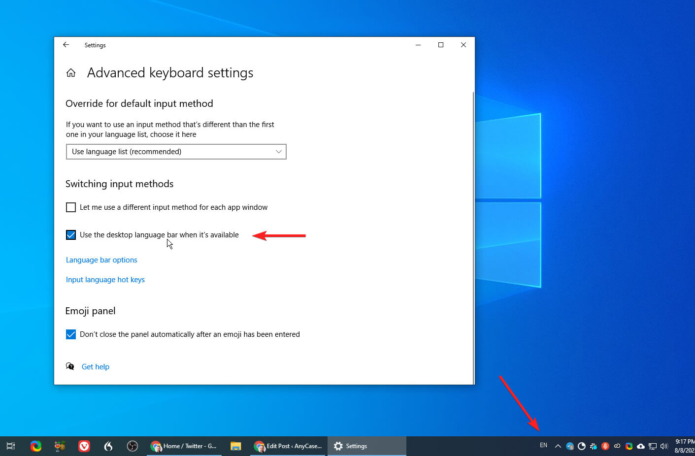 Use the desktop language bar when it's available setting