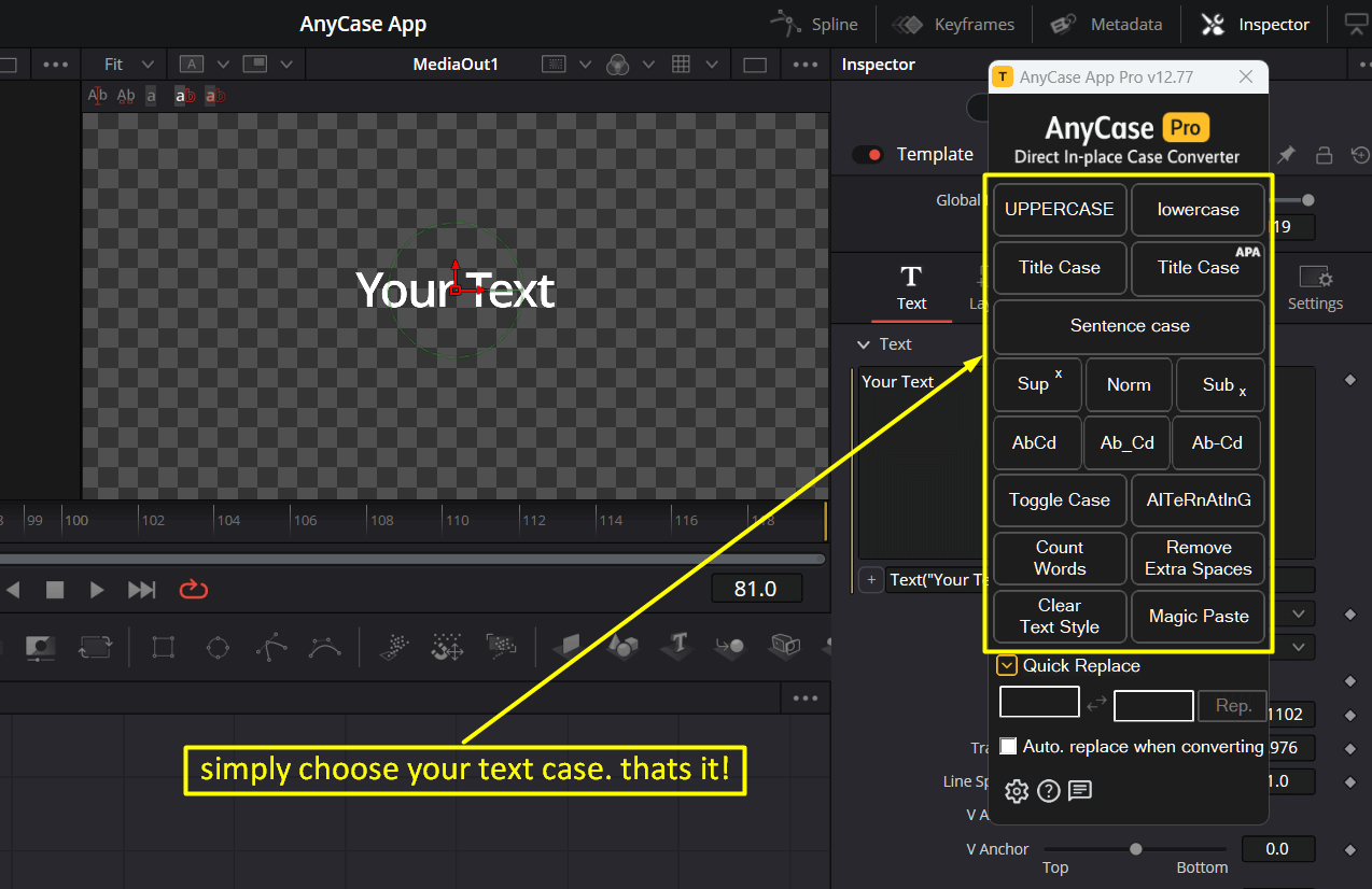 Changeing case in DaVinci resolve directly in place